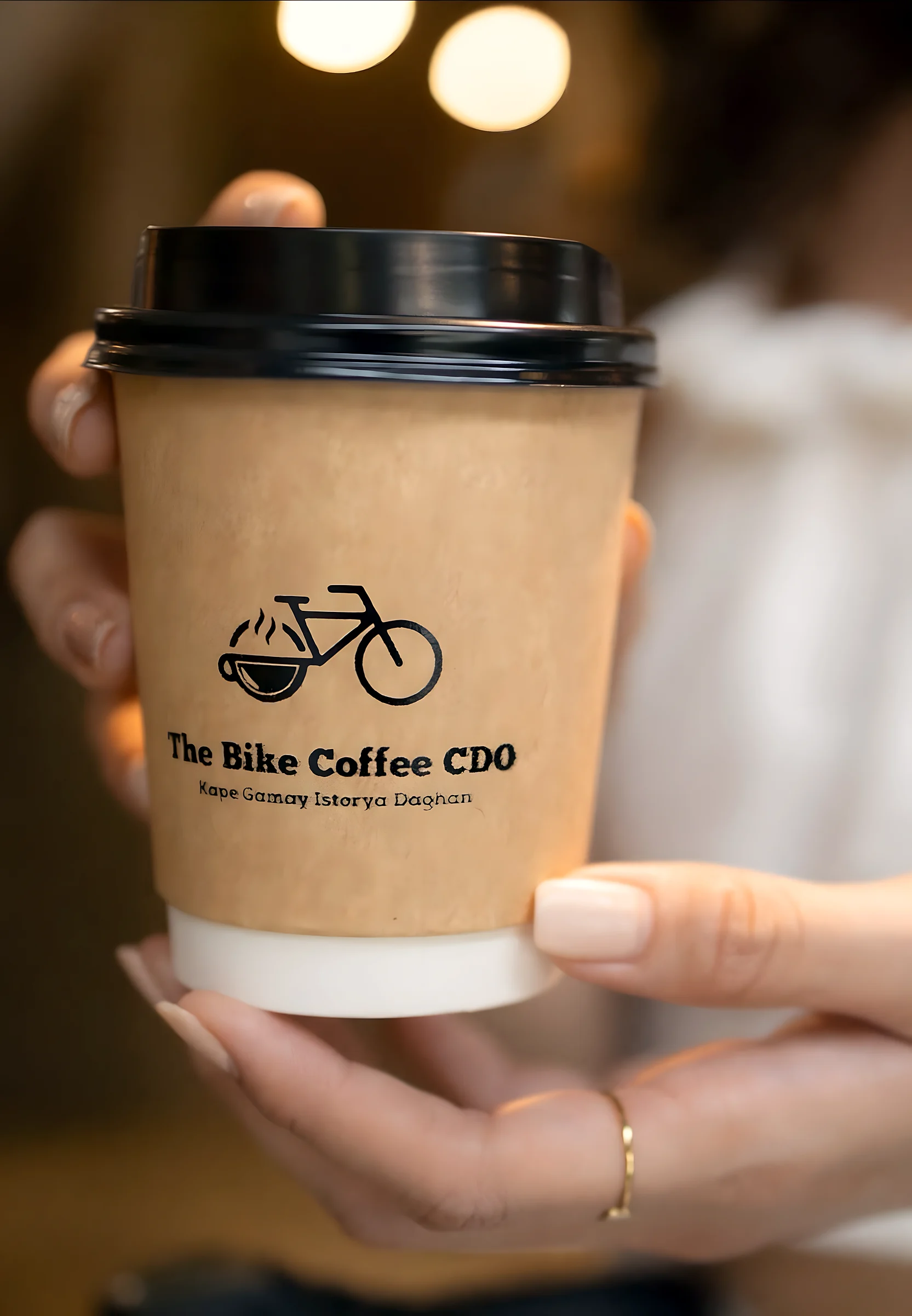 A hand holds a kraft paper cup with a black lid. The bike-and-cup logo, the name and the line Kape Gamay Istorya Daghan are printed on it in black.
