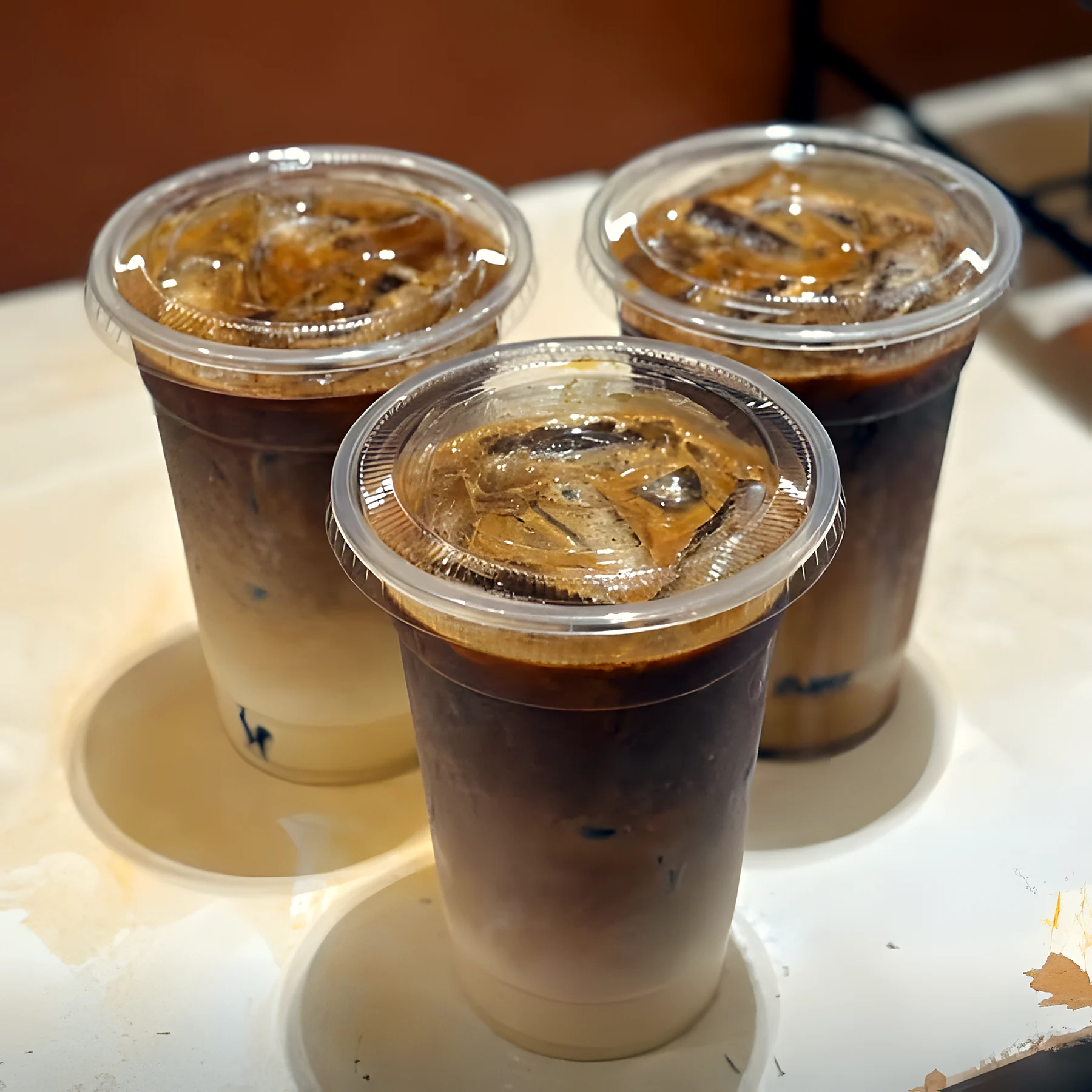 Three iced coffees in clear cups with domed lids on a white counter.