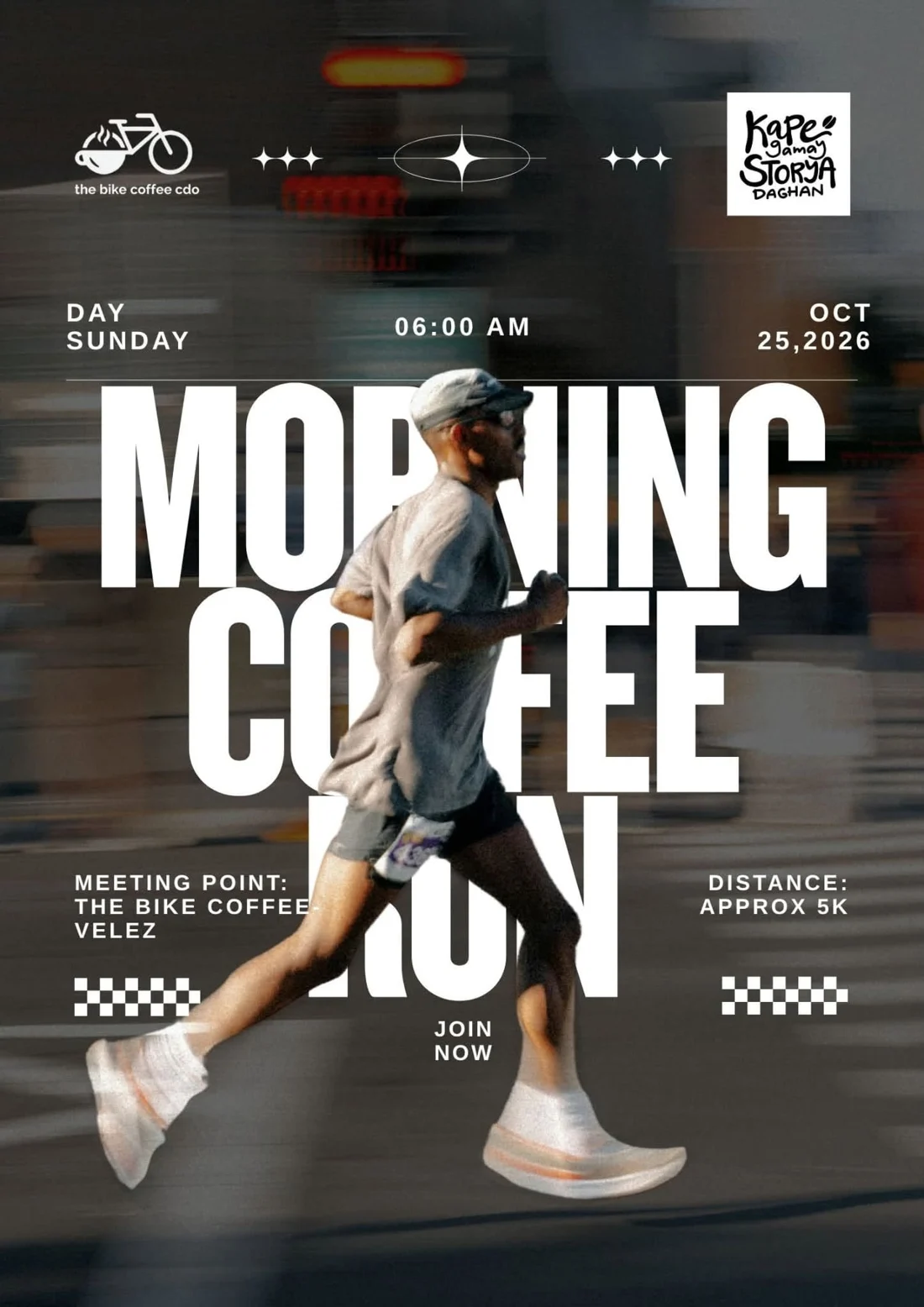 The Morning Coffee Run poster: a runner in motion, Sunday, 6:00 AM, October 25, 2026, meeting point The Bike Coffee Velez, distance approx 5K.