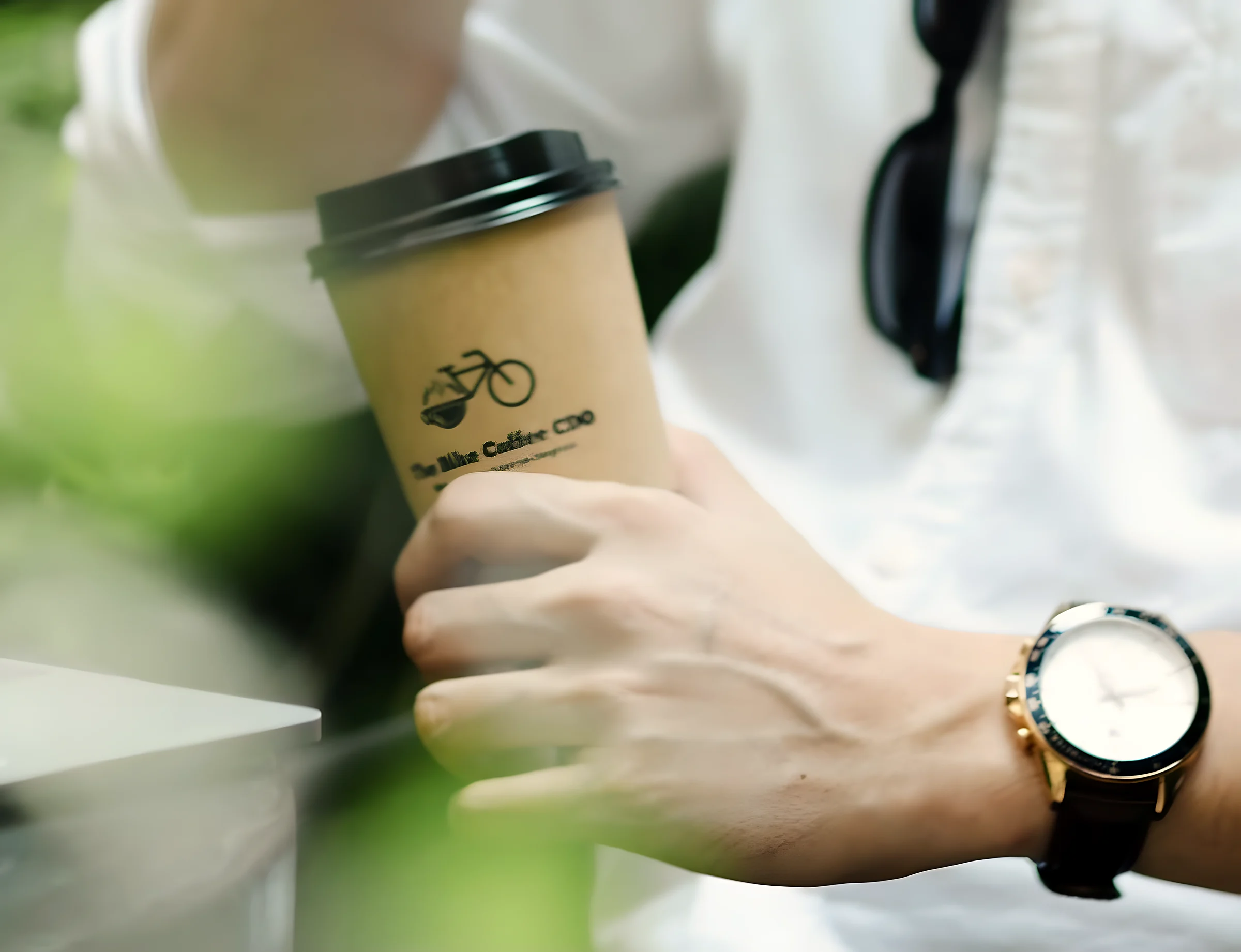 A hand holds the kraft cup against a blurred green background, a wristwatch showing below the lid.